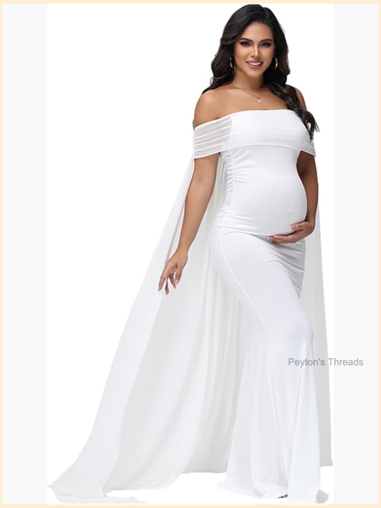 Maternity Off-Shoulder Mesh Chiffon Maxi Photoshoot Gown With Cloak